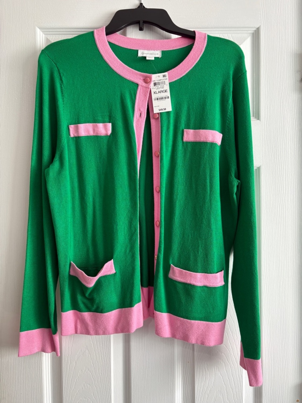 Charter Club Green and Pink Contrast Pocket Cardigan